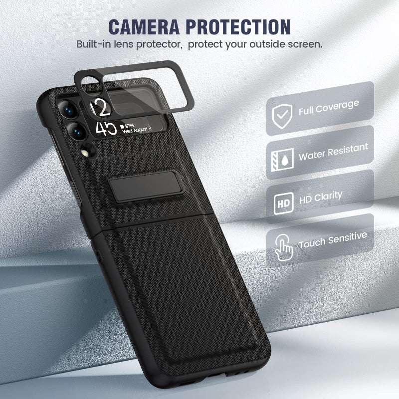Caka Compatible for Galaxy Z Flip 3 5G Kickstand Case, Z Flip 3 Case with Camera Protector Hinge Protection Wireless Charging Cover for Samsung Galaxy Z Flip 3 (Carbon Fiber Black) - Image 4