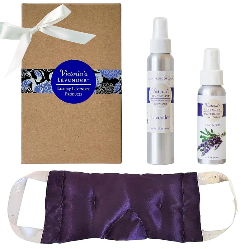 Victoria's Lavender Victoria's Lavender Luxury Aromatherapy Eye Mask Pillow, Body Mist 4 oz, Pillow & Linen Spray 2.5 oz with Lavender Essential Oil, Gift Set Ideal for Lavender Lovers, Soothing Comfort - (Set of 3) 