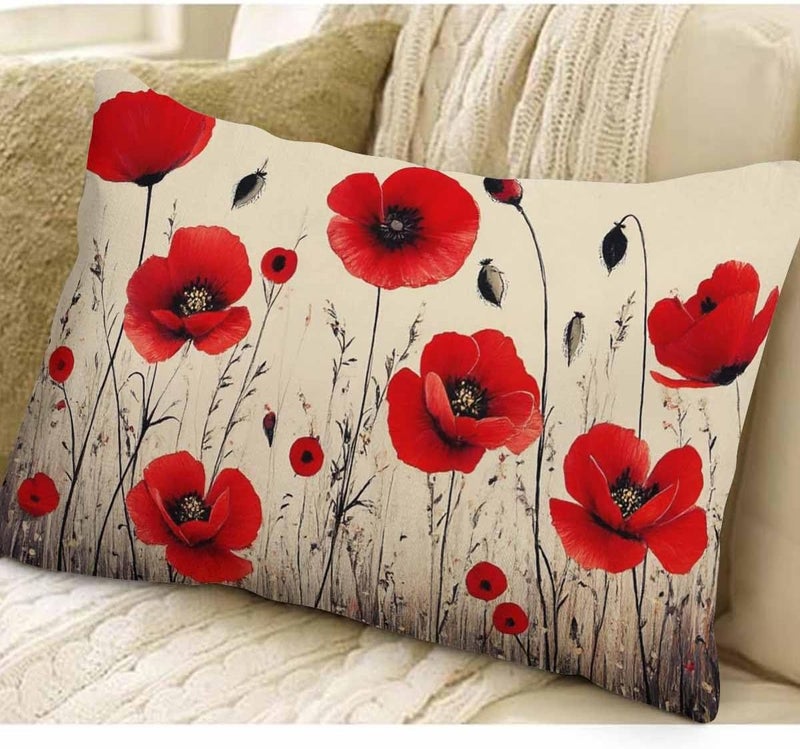 EKOBLA Poppy Flower Lumbar Pillow Cases Spring Garden Pastoral Plant Red Blossom Flowers Decorative Throw Pillow Cover Rectangle Cushion Covers Cotton Linen 12x20 Inch for Men Women - Image 3