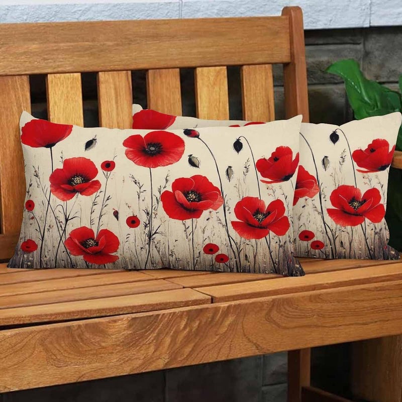 EKOBLA Poppy Flower Lumbar Pillow Cases Spring Garden Pastoral Plant Red Blossom Flowers Decorative Throw Pillow Cover Rectangle Cushion Covers Cotton Linen 12x20 Inch for Men Women - Image 4