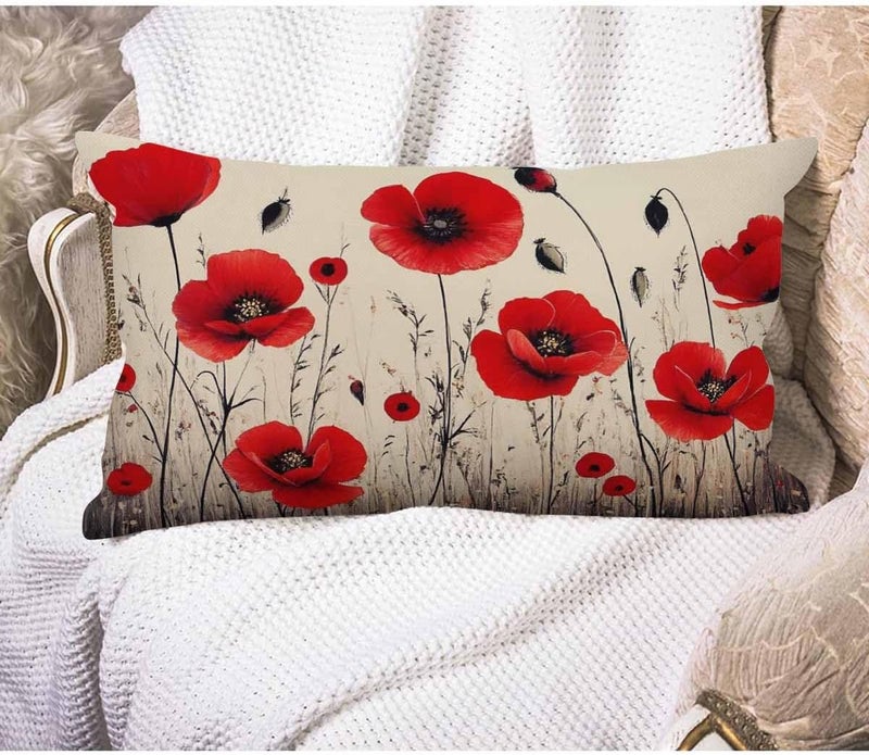 EKOBLA Poppy Flower Lumbar Pillow Cases Spring Garden Pastoral Plant Red Blossom Flowers Decorative Throw Pillow Cover Rectangle Cushion Covers Cotton Linen 12x20 Inch for Men Women - Image 1
