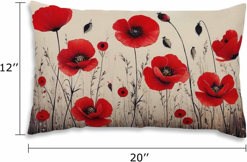 EKOBLA Poppy Flower Lumbar Pillow Cases Spring Garden Pastoral Plant Red Blossom Flowers Decorative Throw Pillow Cover Rectangle Cushion Covers Cotton Linen 12x20 Inch for Men Women - Image 2