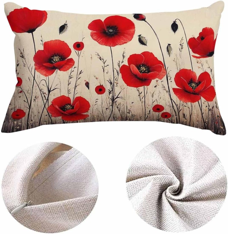 EKOBLA Poppy Flower Lumbar Pillow Cases Spring Garden Pastoral Plant Red Blossom Flowers Decorative Throw Pillow Cover Rectangle Cushion Covers Cotton Linen 12x20 Inch for Men Women - Image 5