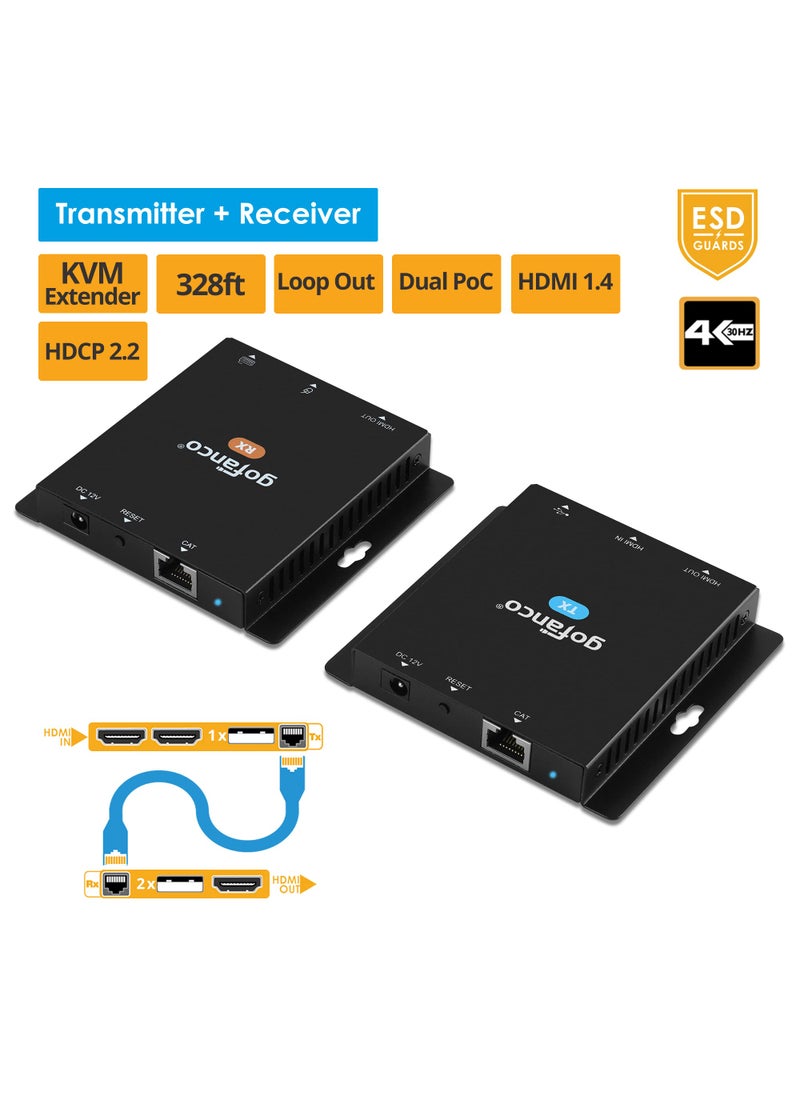 gofanco gofanco HDMI 1.4 USB KVM Over CAT6 / CAT7 Extender – 328ft Extension, 4K @30Hz HDMI Video, 2X USB Keyboard/Mouse, Near Zero Latency, HDMI Loopout, Dual PoC, HDCP 2.2, ESD Protection (KVMHDExt100)  - Image 2