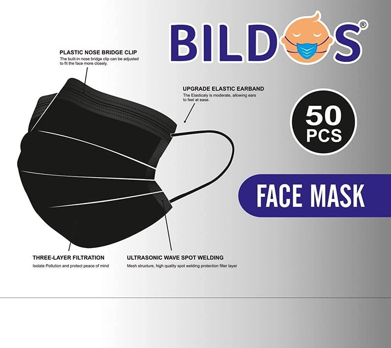 Bildos Melt-Blown Fabric 50 Pieces Masks 3 Layer Disposable Surgical Face Mask For Men & Women With Nose Clip For Home, Office, School, And Outdoors, Black - Image 3