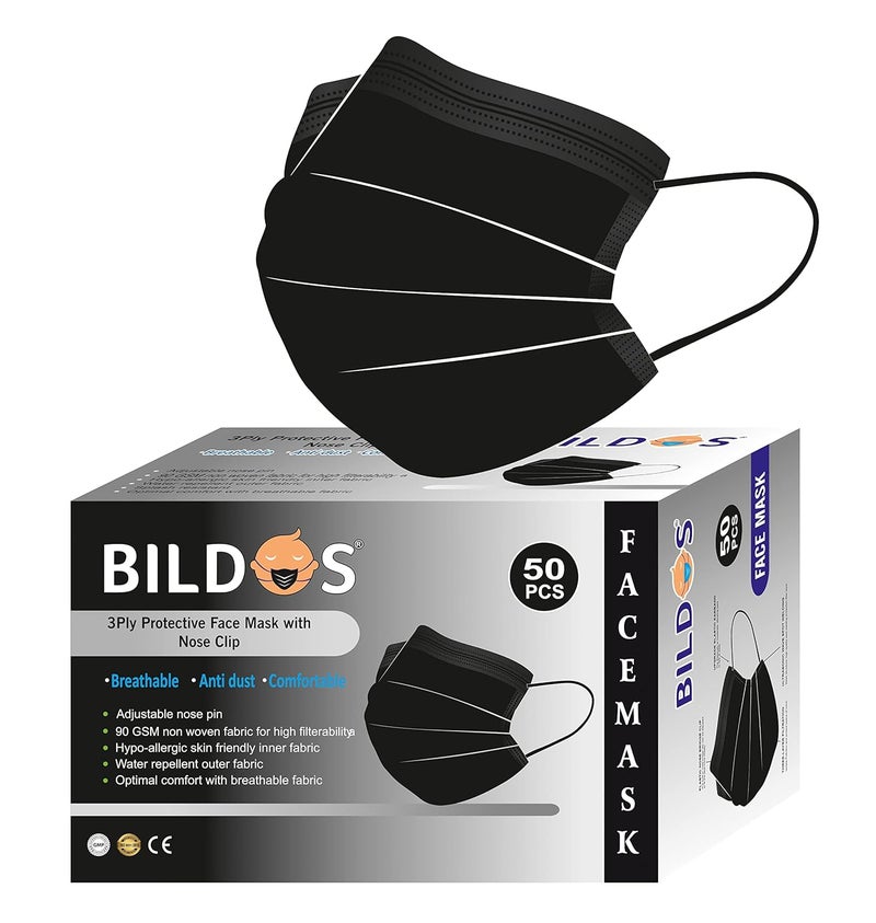 Bildos Melt-Blown Fabric 50 Pieces Masks 3 Layer Disposable Surgical Face Mask For Men & Women With Nose Clip For Home, Office, School, And Outdoors, Black - Image 1