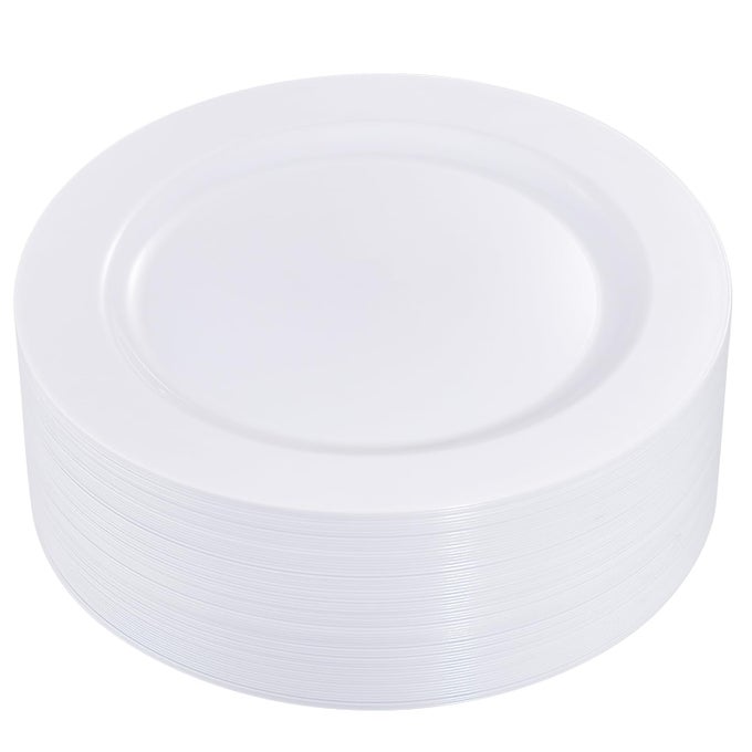50PCS WHITE PLASTIC DINNER PLATES 1025 INCH PREMIUM DISPOSABLE PARTY PLATES SAFE AND REUSABLE HEAVY DUTY PLASTIC PLATES PERFECT FOR WEDDING PARTY