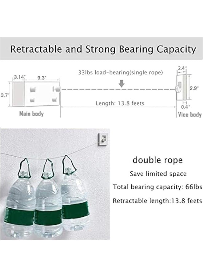MIXDE Heavy Duty Retractable Clothesline - ABS Case, Aluminum Dryer, Adjustable Stainless Steel Rope String - Hotel Style, Drill Free & Wall Mounted - 13.8 Feet - Image 2