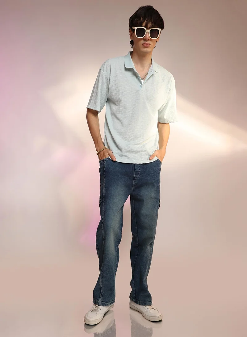 كامبوس سوترا Men's Baby Blue Rhombus-Textured Polo T-Shirt
