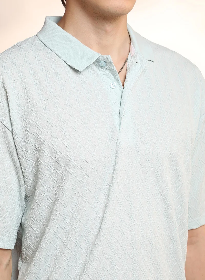 كامبوس سوترا Men's Baby Blue Rhombus-Textured Polo T-Shirt