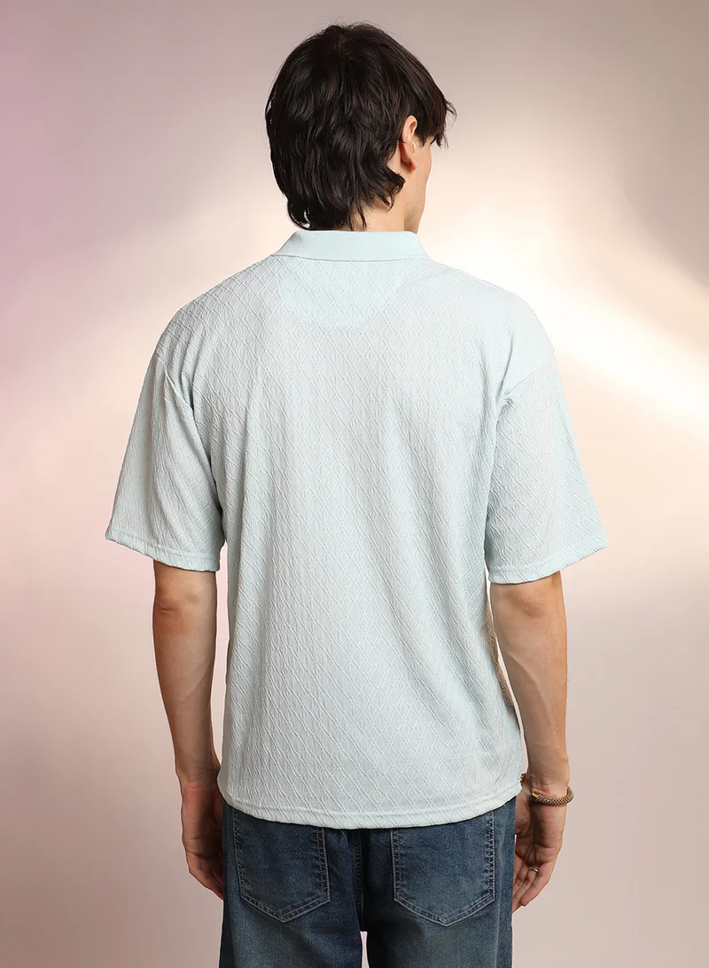 كامبوس سوترا Men's Baby Blue Rhombus-Textured Polo T-Shirt