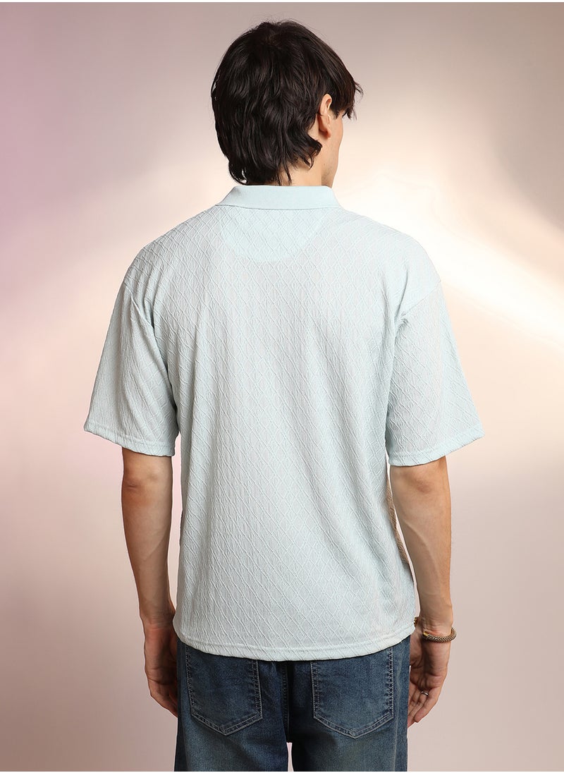 Campus Sutra Men's Baby Blue Rhombus-Textured Polo T-Shirt  - Image 3