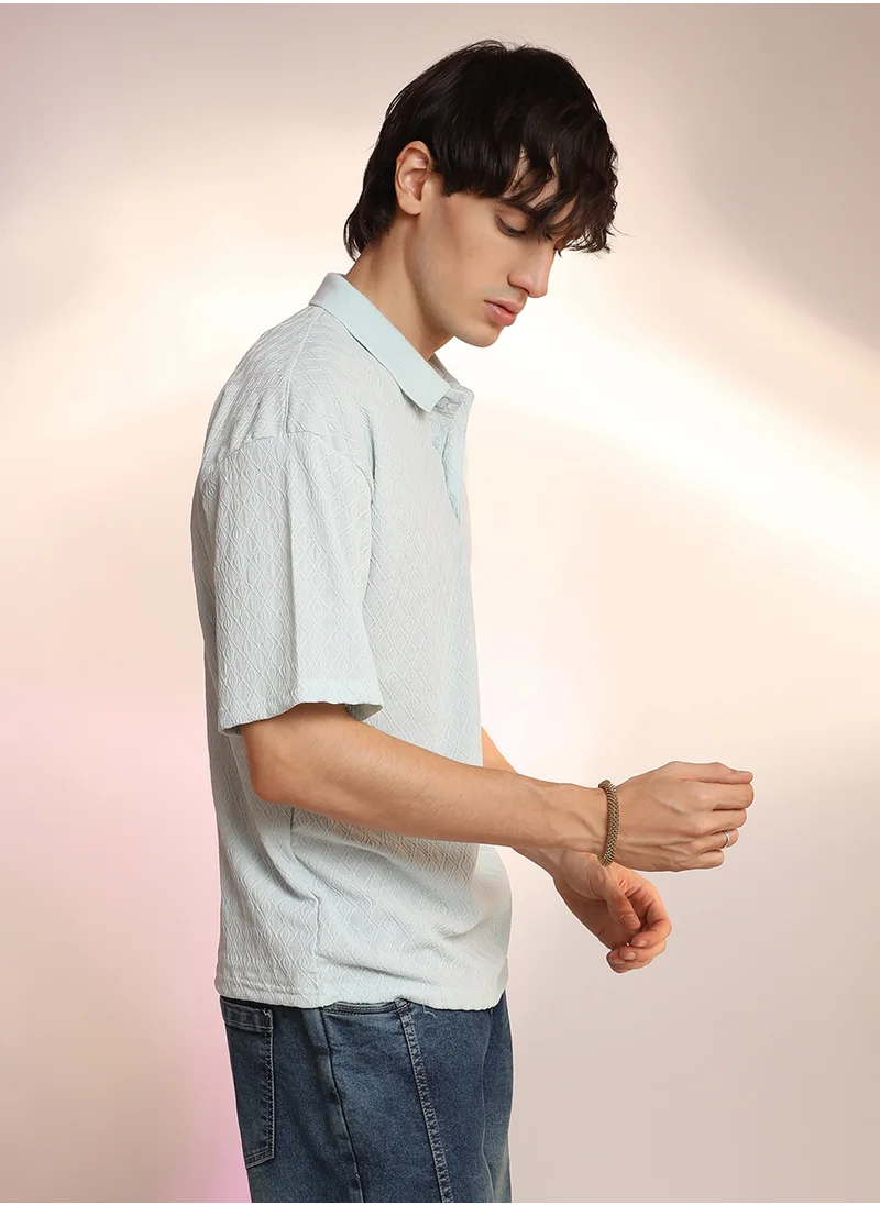Campus Sutra Men's Baby Blue Rhombus-Textured Polo T-Shirt