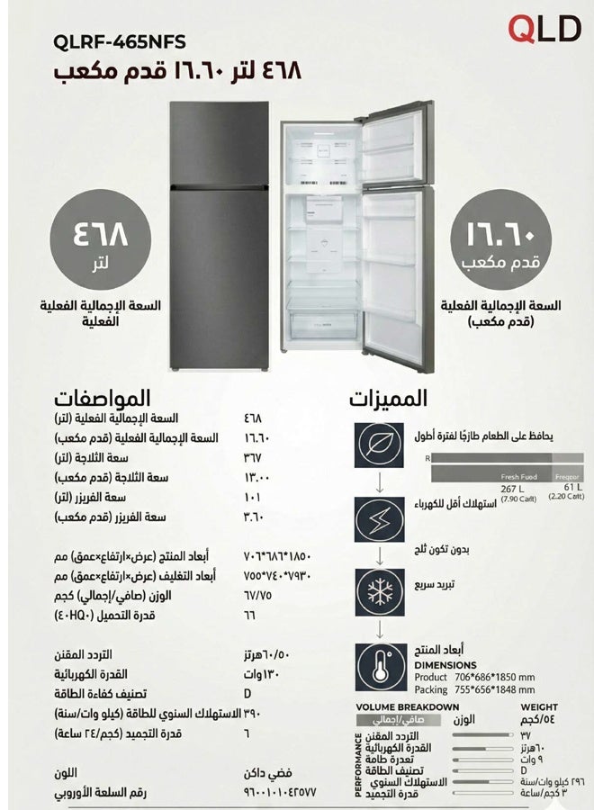 QLD ثلاجة بابين بدون تكون ثلج - ٤٦٨ لتر - ١٦.٦٠ قدم مكعب - فضى غامق - QLRF-420NFS - Image 2