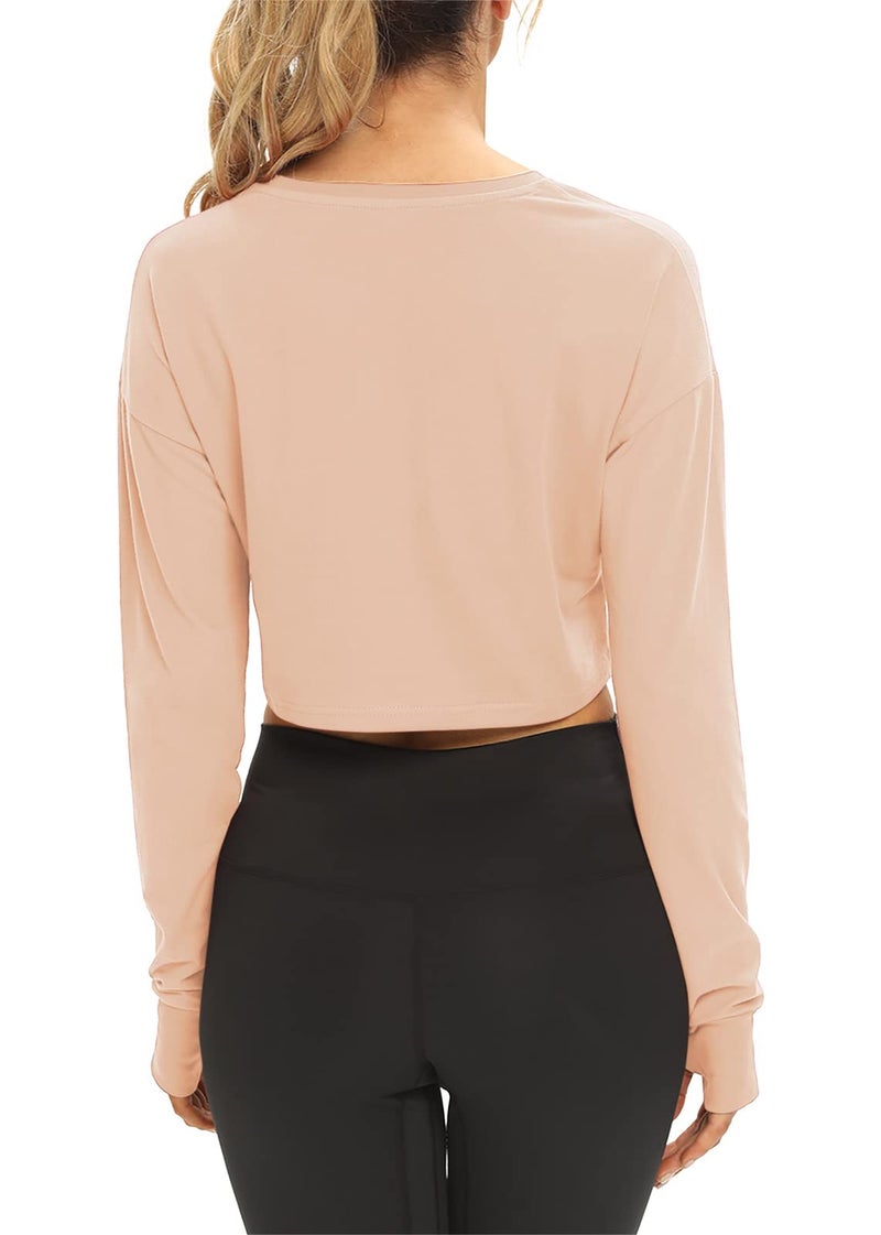 Mippo Long Sleeve Crop Top Workout Shirts Athletic Gym Active Wear Loose Cropped Sweaters Oversized Tshirts Apricot S - Image 2