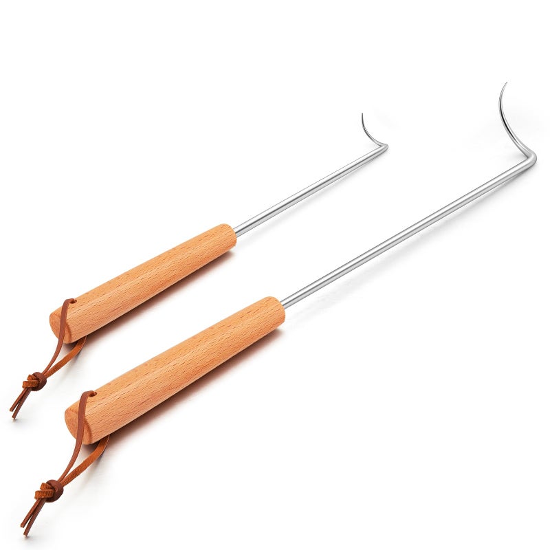 Pigtail Food Flipper 2Pcs HaSteeL 12 17 Inch Meat Turner Hook Stainless Steel Pig Tail Flipper Hook With Wooden Handle Grill Accessories for BBQ Grilling Griddle Kitchen Cooking Right Handed