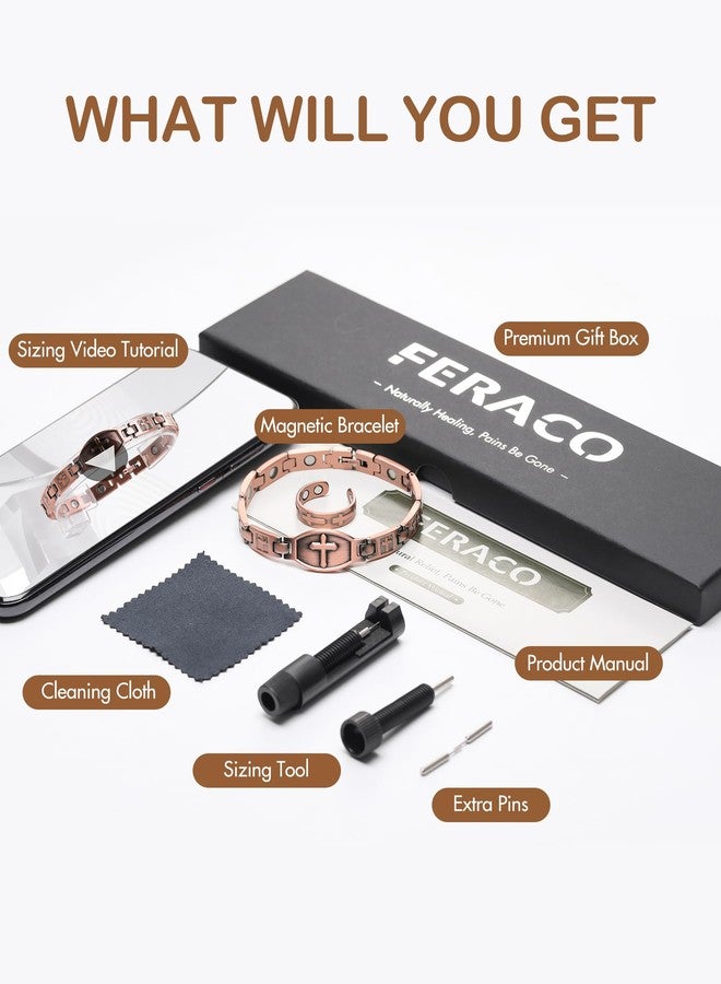 Feraco Pure Copper Bracelets & Rings for Women, Ultra Strength Magnetic Bracelet with 3500 Gauss Magnets, Adjustable with Sizing Tool, Cross Jewelry - Image 4