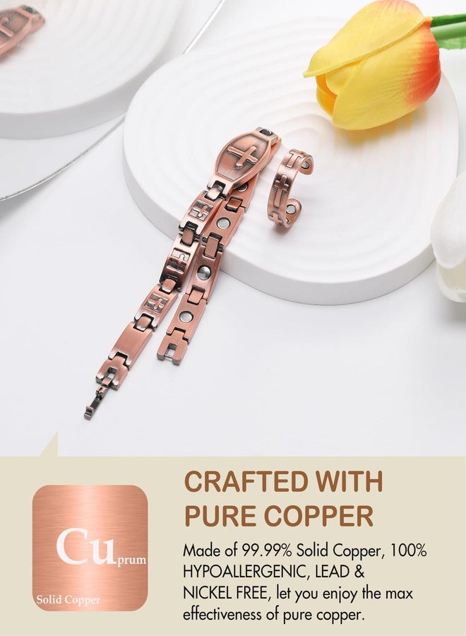 Feraco Pure Copper Bracelets & Rings for Women, Ultra Strength Magnetic Bracelet with 3500 Gauss Magnets, Adjustable with Sizing Tool, Cross Jewelry - Image 2