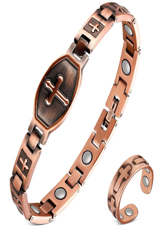 Feraco Pure Copper Bracelets & Rings for Women, Ultra Strength Magnetic Bracelet with 3500 Gauss Magnets, Adjustable with Sizing Tool, Cross Jewelry - Image 1