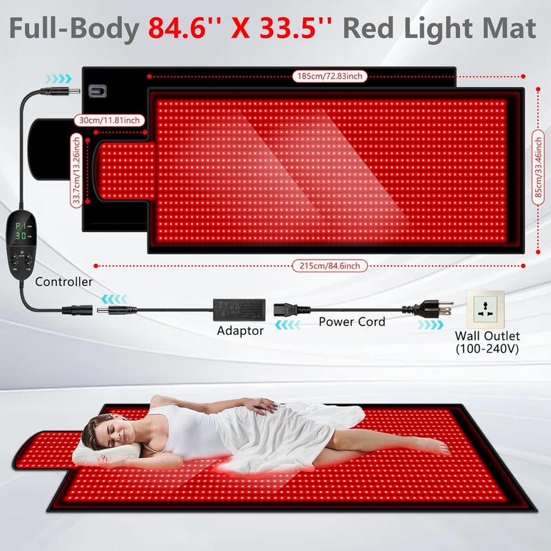 DUBUXW 846 × 335 مصباح LED 1400 قطعة 660 نانومتر علاج الضوء الأحمر حصيرة 850 نانومتر أجهزة علاج الضوء القريب من الأشعة تحت الحمراء 3 أوضاع 9 مؤقت إضافي كبير جداً وسادات علاج الضوء الأحمر بطانية لتخفيف آلام الجسم بالكامل - Image 2