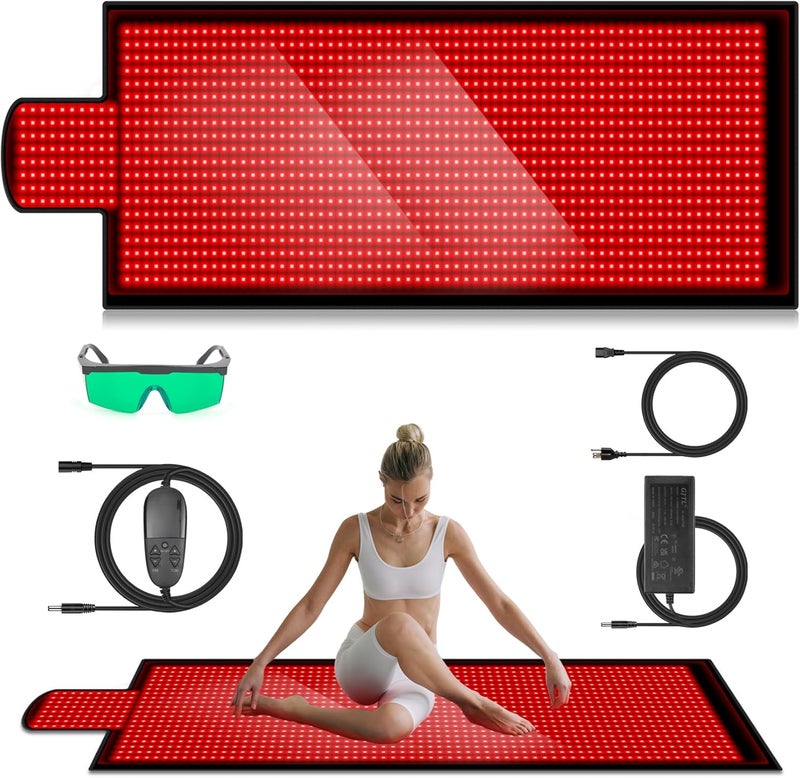 DUBUXW 846 × 335 مصباح LED 1400 قطعة 660 نانومتر علاج الضوء الأحمر حصيرة 850 نانومتر أجهزة علاج الضوء القريب من الأشعة تحت الحمراء 3 أوضاع 9 مؤقت إضافي كبير جداً وسادات علاج الضوء الأحمر بطانية لتخفيف آلام الجسم بالكامل - Image 1