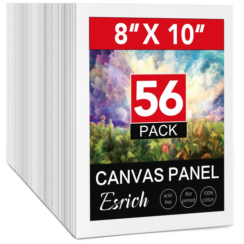 ESRICH Canvas Boards for Painting 8x10 Inch 56 Pack Bulk 8x10 Inch Canvases for Painting Cotton Canvas Panels for Oil Acrylic Watercolor Painting