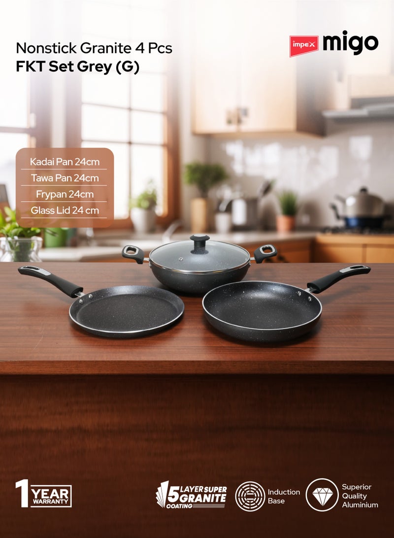 Impex Migo Non Stick Cookware Set Granite 4 Pcs Induction Bottom Cookware Set 3 mm Thick, 5-Layer Super Granite Nonstick Coated Cookware Set,Two Sides Spatter Design, 1 Year Warranty - FKT G - Image 2