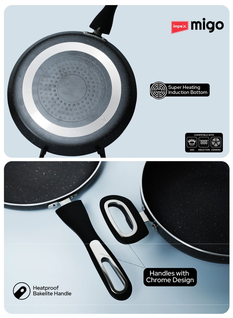 Impex Migo Non Stick Cookware Set Granite 4 Pcs Induction Bottom Cookware Set 3 mm Thick, 5-Layer Super Granite Nonstick Coated Cookware Set,Two Sides Spatter Design, 1 Year Warranty - FKT G - Image 4