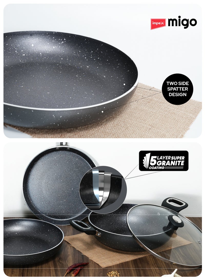 Impex Migo Non Stick Cookware Set Granite 4 Pcs Induction Bottom Cookware Set 3 mm Thick, 5-Layer Super Granite Nonstick Coated Cookware Set,Two Sides Spatter Design, 1 Year Warranty - FKT G - Image 3