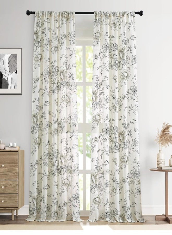 لوفو أس ستائر لوفوس الريفية المزخرفة بالزهور، طولها 84 بوصة، مصنوعة من الكتان، تسمح بمرور الضوء، ستارة نافذة على الطراز الفرنسي الريفي لغرفة المعيشة أو غرفة النوم، مزودة بجيب للعمود، ستائر سوداء بنقشة زهور الفاوانيا، قطعتان - Image 1