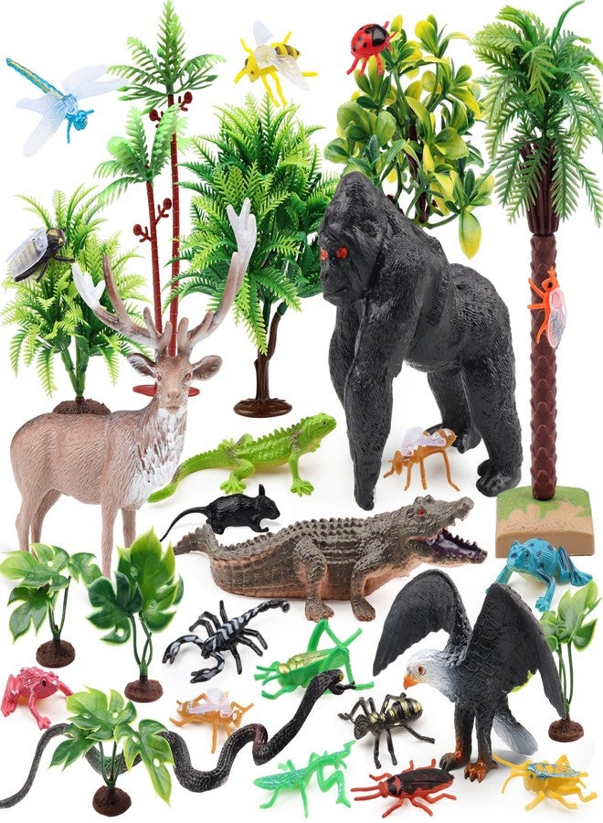 DOITEM 30Pcs Rainforest Animal Figurines Set Model Tress Kit Rainforest Diorama Project with Gorilla Bird Crocodile Lizards Mouse Frog Snake Insects Playset for Kids Birthday Cake Toppers Party Décor - Image 1