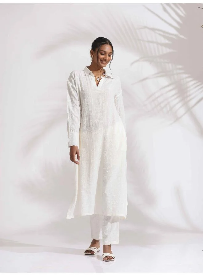 ترو برونز trueBrowns White Cotton A-line Kurta Set