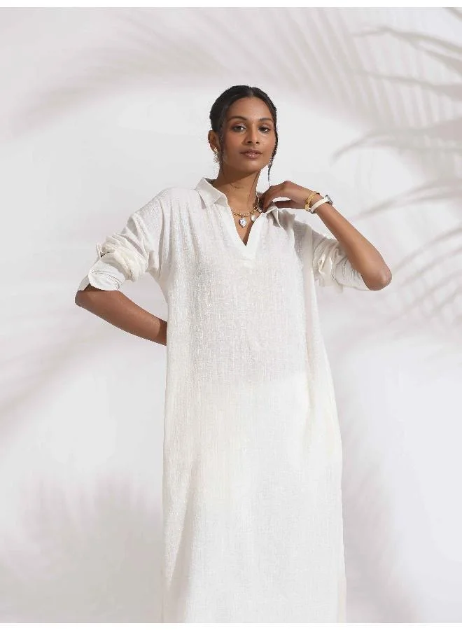 ترو برونز trueBrowns White Cotton A-line Kurta Set
