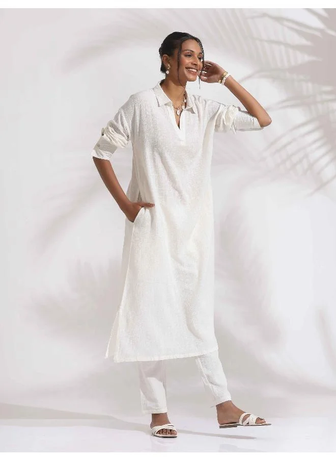 ترو برونز trueBrowns White Cotton A-line Kurta Set