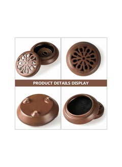 Ceramic Incense Burner Handmade Incense Stick Holder Cone Coil Incense Bowl Small Round Censer Ash Catcher Tray with Lid for Home Furnace Aromatherapy Ornament Brown