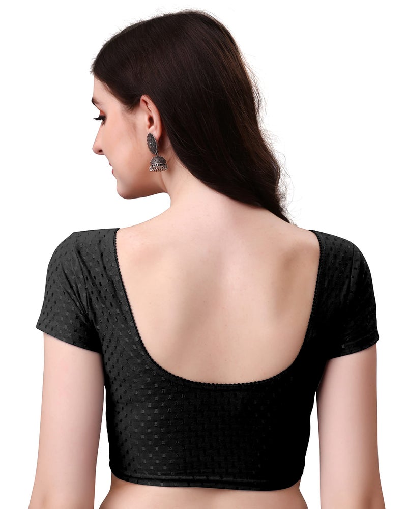 Kipzy Women's Cotton Stretchable Saree Blouse – Round Neck, Short Sleeves, Readymade Slim Fit Blouse for Women 40 Black - Image 5