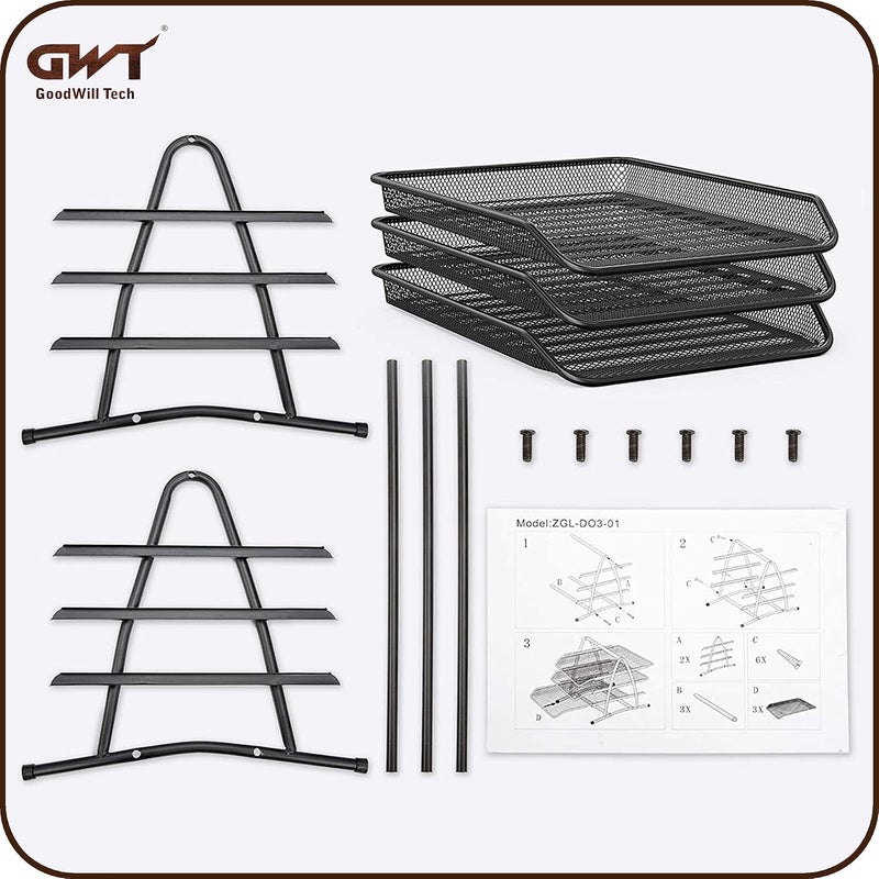 GoodWill Tech ™ Pack of 3 Desk File Tray, 3 Tier Metal Mesh A4 Files/Documents/Papers/Folders Holder Desk Organizer –(Black) - Image 5