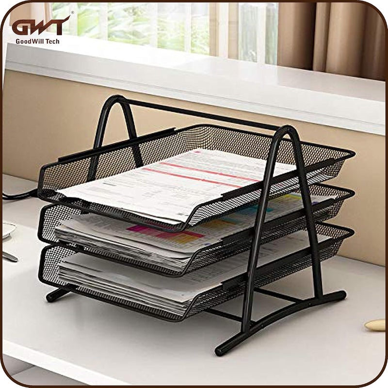 GoodWill Tech ™ Pack of 3 Desk File Tray, 3 Tier Metal Mesh A4 Files/Documents/Papers/Folders Holder Desk Organizer –(Black) - Image 3