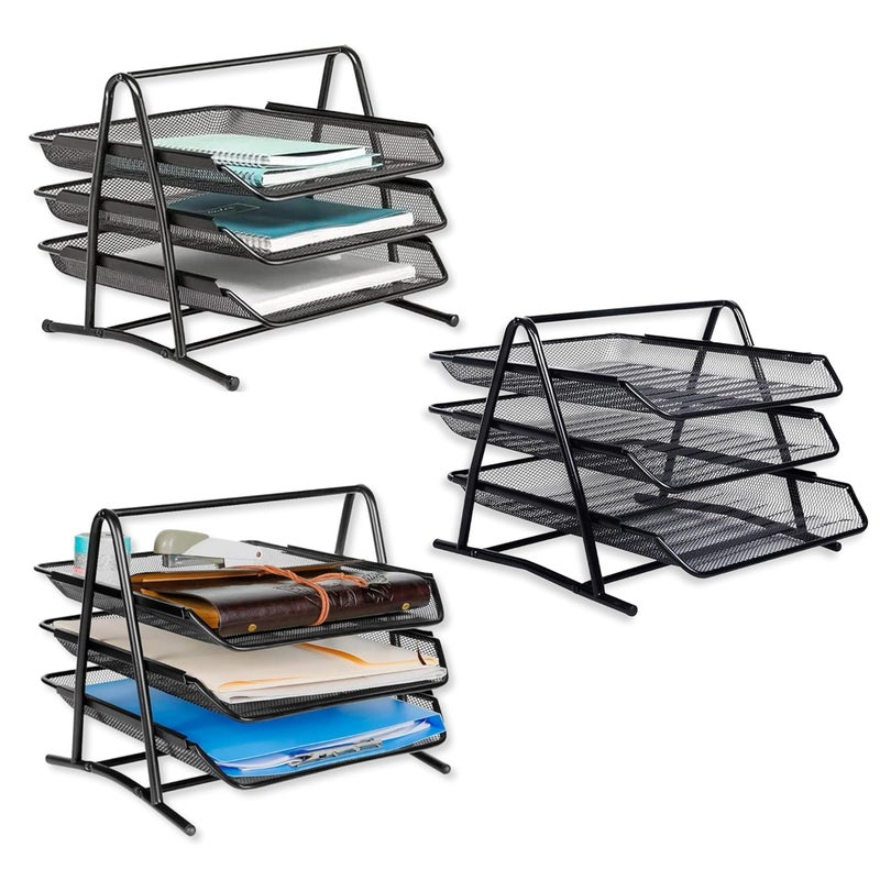 GoodWill Tech ™ Pack of 3 Desk File Tray, 3 Tier Metal Mesh A4 Files/Documents/Papers/Folders Holder Desk Organizer –(Black) - Image 1