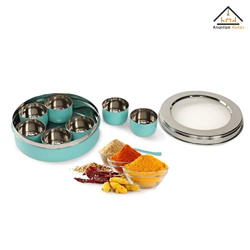 anantam homes Stainless Steel Masala Dabba masaladani Spice Box Organizer for Kitchen Masala Dani with See Through Lid with 7 Containers and a Small Spoon - Ivory - Image 5