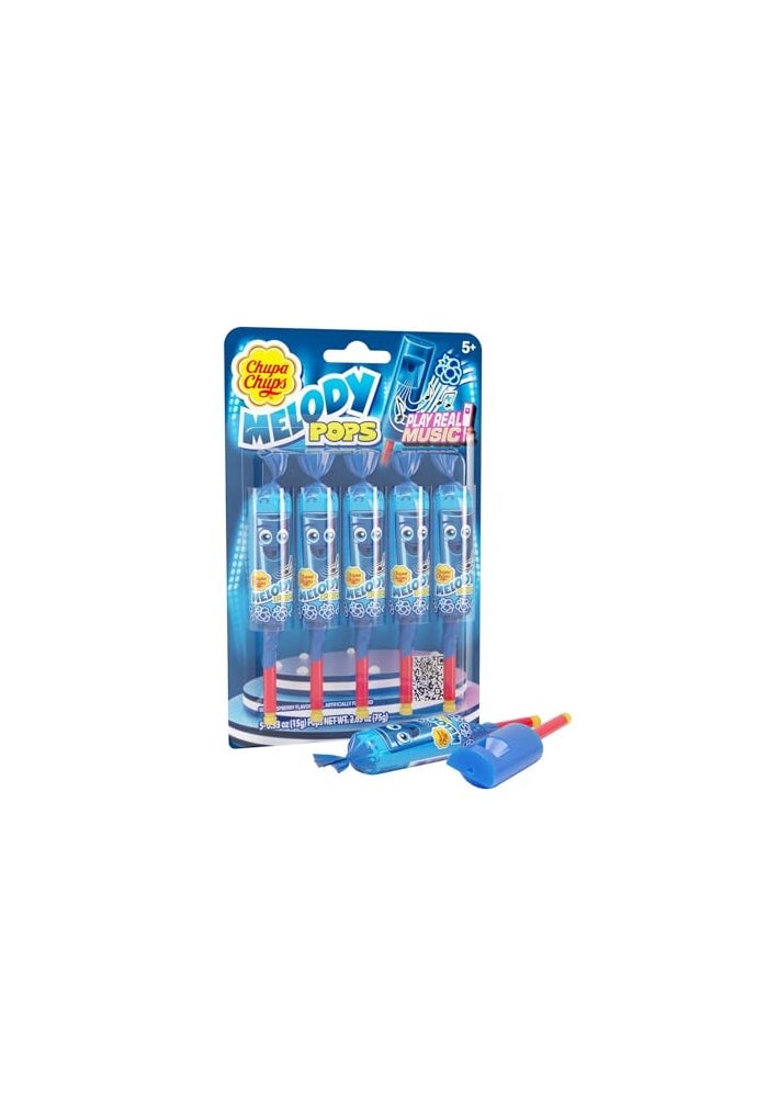Chupa Chups Melody Pop Blue Raspberry Flavor Easter Candy Easter Basket Essentials Stuffers for Kids and Adults Whistle Individually Wrapped 5 Count Pack - Image 1