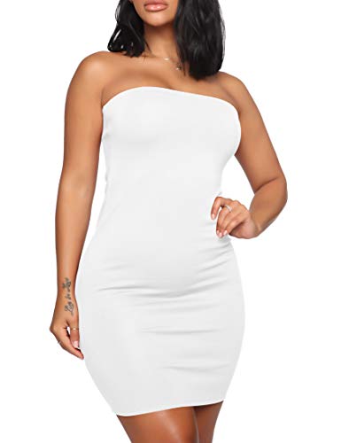 Mokoru Women's Casual Basic Bodycon Tube Top Sexy Strapless Club Party Mini Dress, Medium, White - Image 3