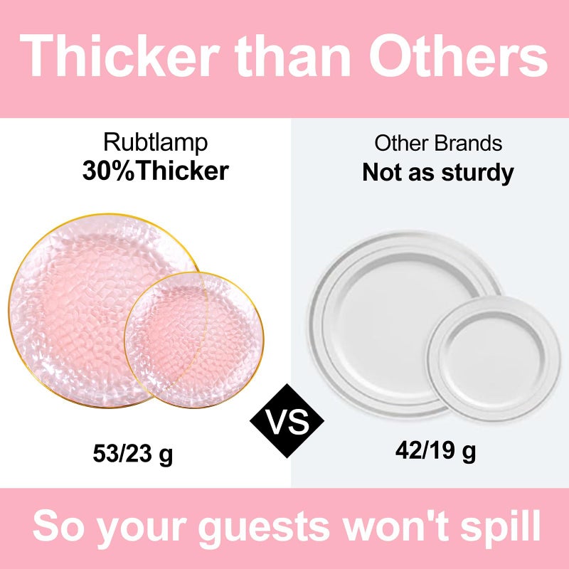Rubtlamp 100 Pcs Pink Gold Dessert Plates hammered party plates  Pink Disposable Plates With Gold Rim  7 Inch Dessert Plates Disposable  Plastic Dessert Appetizer Plates Perfect for Mother's Day - Image 3