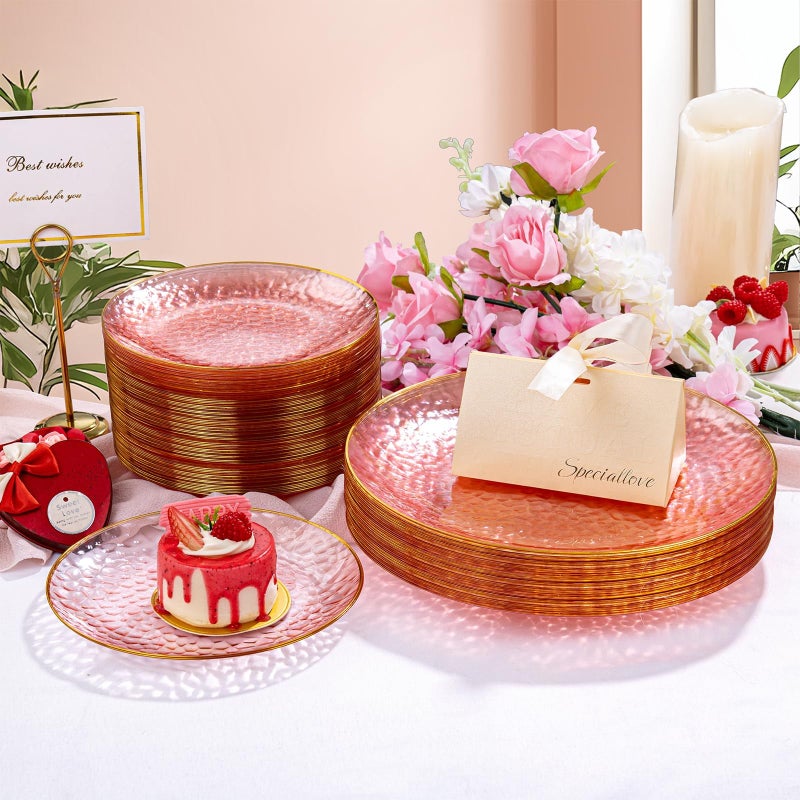 Rubtlamp 100 Pcs Pink Gold Dessert Plates hammered party plates  Pink Disposable Plates With Gold Rim  7 Inch Dessert Plates Disposable  Plastic Dessert Appetizer Plates Perfect for Mother's Day - Image 5