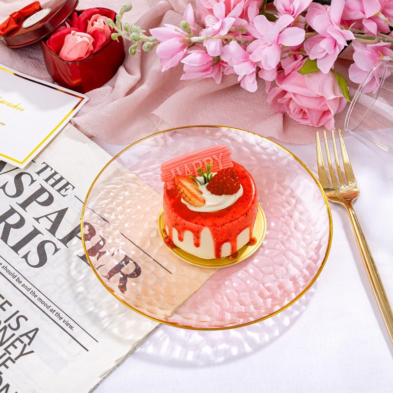Rubtlamp 100 Pcs Pink Gold Dessert Plates hammered party plates  Pink Disposable Plates With Gold Rim  7 Inch Dessert Plates Disposable  Plastic Dessert Appetizer Plates Perfect for Mother's Day - Image 4