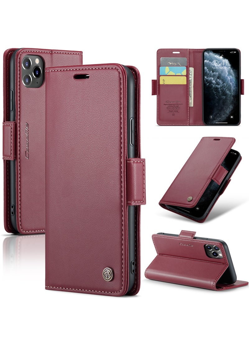 CaseMe Burgundy Leather Flip Folio Wallet Case with RFID Blocking for iPhone 11 Pro Max (6.5) - Magnetic Closure, Credit Card Holder, Kickstand - Protective Cover for Men and Women  - Image 1