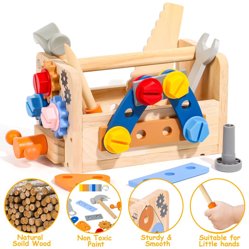 TONZE Kids Tool Set with Apron, 39 PCS Wooden Toddler Tool Bench Box Montessori Toys for 2 3 4 Year Old Boys Girls, Educational STEM Construction Toys Pretend Play Toddler Toys Age 3-5 Birthday Gift - Image 5