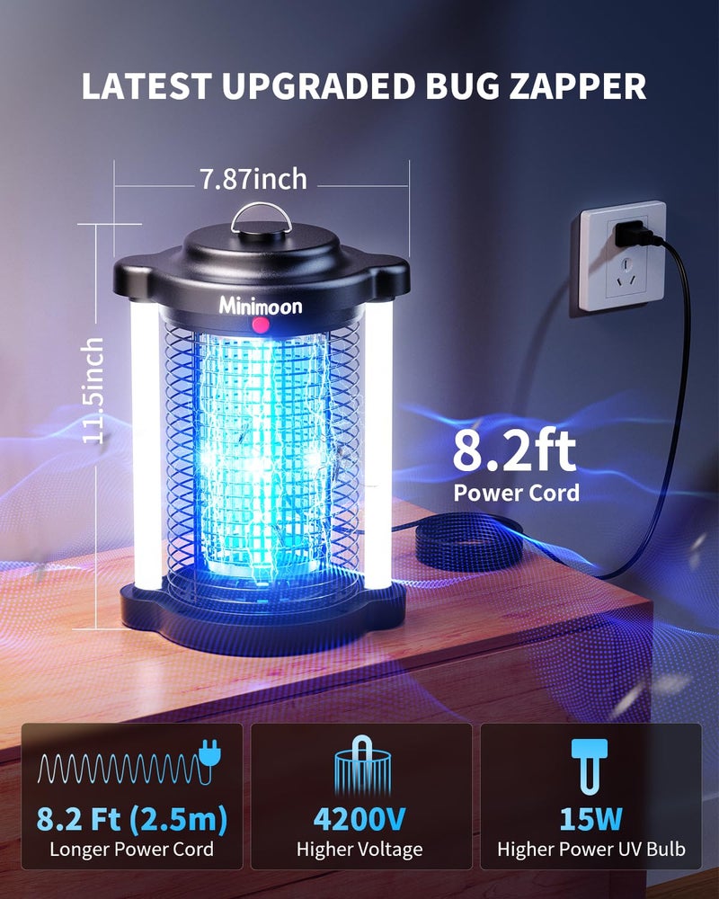 Minimoon Bug Zapper Outdoor, Upgraded Mosquito Zapper with Dual LED Light, 4200V Fly Zapper, 15W Electric Fly Traps Outdoor, IPX4, 8.2Ft Cord, Insect Trap for Yard, Backyard, Patio - Image 5