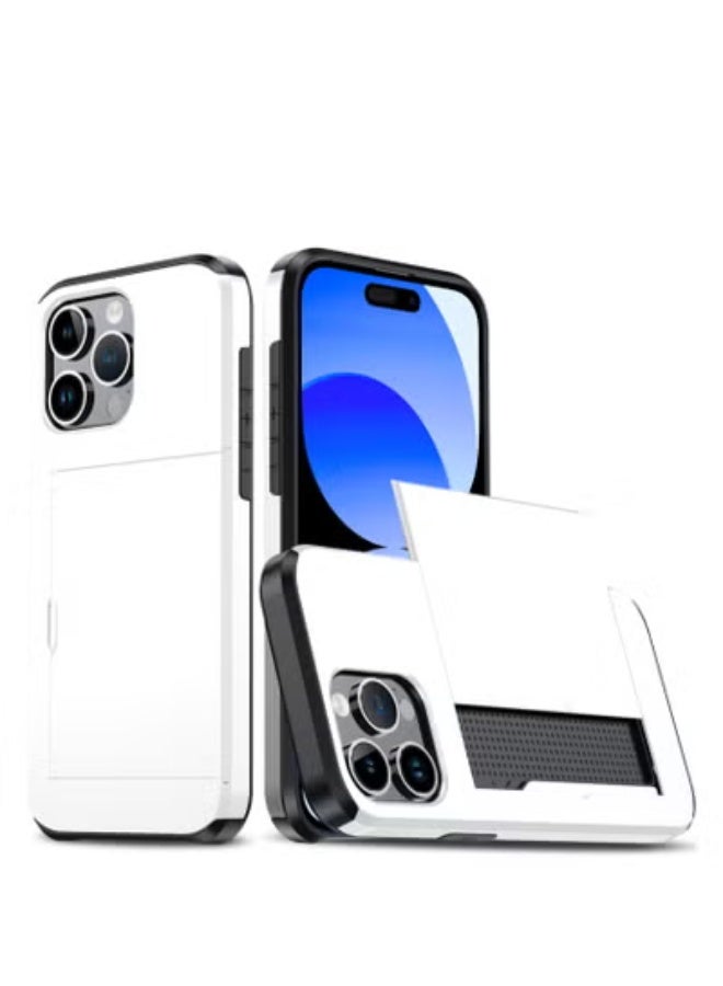 GULFLINK iPhone 15 Pro Max Case With Card Holder Heavy Duty Dual Layer Hidden Card Slot Slim Wallet Case White - Image 1