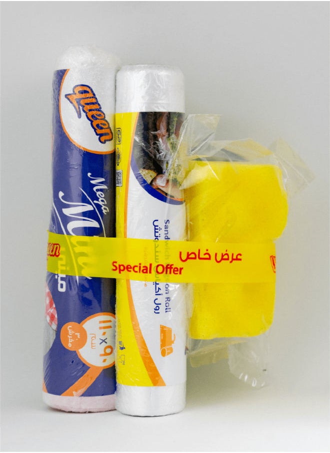 Queen Roll Refrigerator Bags 20 x 32cm 60 PC + Mega Mini Tablecloth Roll 90 x 110 cm 30 PC + Express Scouring Sponge 